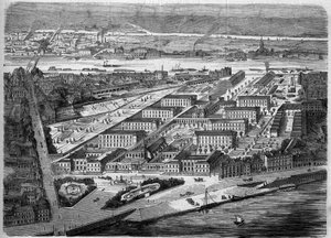 Ulkokuva Nantesissa sijaitsevasta Hotel Dieusta (Hotel-Dieu), joka vihittiin käyttöön vuonna 1863. Tämä sairaala tuhoutui lähes kokonaan pommituksissa vuonna 1943. Loire Atlantique (44). Kaiverrus ""Le Monde Illustre" -julkaisussa nro 347, 5. joulukuuta 18 tekijältä French School