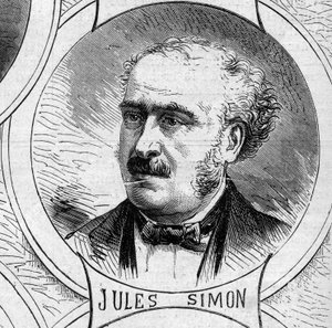 Sota 1870 - Maanpuolustushallitus: muotokuva Jules Simonista (Francois Jules Suisse, tom.) (1814-1896), vuoden 1870 väliaikaisen hallituksen jäsen. Kaiverrus "" Le Monde Illustré" -julkaisussa nro 706, 22. lokakuuta tekijältä French School