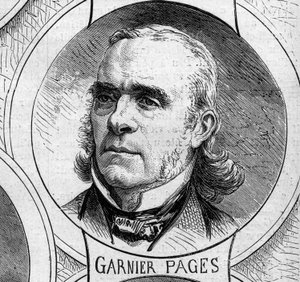 Sota 1870 - Maanpuolustushallitus: muotokuva Louis Antoine Garnier Pagesista (Garnier-Pages) (1803-1878), vuoden 1870 väliaikaisen hallituksen jäsen. Kaiverrus "" Le Monde Illustré" -julkaisussa nro 706, 22. lokakuuta tekijältä French School