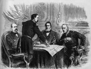 Sota 1870 - Pariisin piiritys: aselevon allekirjoittaminen Ranskan ja Preussin edustajien välillä Pariisin antautumisen jälkeen, 28. tammikuuta 1871. Vasemmalta: Otto von Bismarck (1815-1898), Horix de Valdan (1810-1883) , Jules Favre (1809-1880) ja tekijältä French School