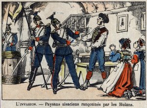 Sota 1870 Ranskan ja Preussin välillä: Elsassin talonpojat, joita hulanit (uhlantilaiset, houlalaiset) valtasivat, kuva Epinalista. tekijältä French School