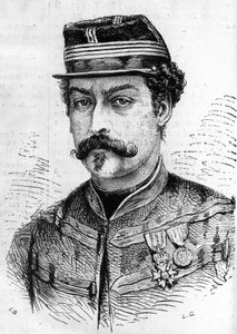 Sota 1870: muotokuva Leon Franchettista (1834-1870), ranskalainen sotilas, Seinen partiolaisten komentaja. Kaiverrus "" Le Monde Illustré" -julkaisussa nro 714, 17. joulukuuta 1870. tekijältä French School