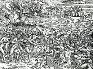 Sotakohtaus, Brasilia, kuvitus elokuvasta "Singularities of France Antarktique", kirjoittanut Andre de Thevet, 1558 tekijältä French School