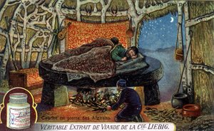 Nukkumistapoja: Afganistanin kivikerros. Liebig-pakkauskromolitografia. tekijältä French School