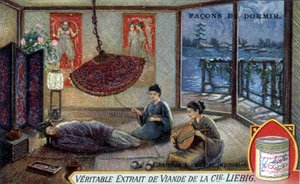 Nukkumistapoja: Japanilainen makuuhuone. Liebig-pakkauskromolitografia. tekijältä French School