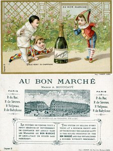 Mikä onni! pullo samppanjaa; Pariisin Bon Marché -tavaratalojen kampanjakortin etu- ja takapuoli, n. 1895 tekijältä French School