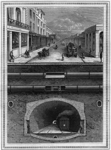 Lontoon (Iso-Britannia) päällysteen alla: Kaasuputki, vesiputki, pneumaattinen jäteputki, viemärit, tunneli ja rautatie metropolialueille. Kaiverrus "" La Nature -kirjaan. Revue des sciences et de ses applications aux arts et à l