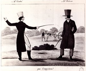 Kuka voittaa? Kohtaus M. Cintren ja M. Bolivarin kaksintaistelusta, n. 1820 tekijältä French School