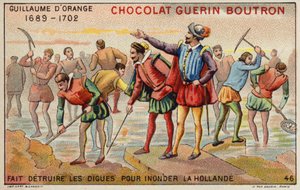 William of Orange tuhosi patoja Hollannin tulvien mahdollistamiseksi (chromolitho) tekijältä French School