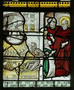 Ikkuna, jossa Pyhä Nikolaus pelastaa lapsen elävältä keittämiseltä, 1460-70. tekijältä French School