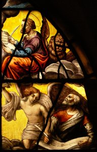 Charnierin ikkuna (w.2), joka kuvaa yksityiskohtaa isännän ihmeestä: St Mark ja St Matthew tekijältä French School