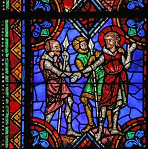 Ikkuna w06, joka kuvaa St Julian of Brioude tarinaa - Diocletianuksen vainojen aikana kuolleen Julienin ystävä St Ferreol pidätetään tekijältä French School