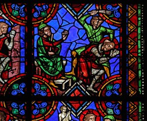 Ikkuna w06, joka kuvaa St Julian of Brioude tarinaa - Diocletianuksen vainojen aikana kuolleen Julienin ystävä St Ferreol vangitaan ja hakattiin tekijältä French School