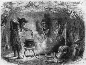Noituusharjoitus: noita padan ympärillä tekemässä taikajuomia ja lajitteluja. Maurice Lachatren kaiverrus "Histoire des Papes-Rois-Queen and Empereurs a travers les centuries" tekijältä French School