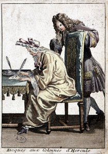 Nainen paidassa ja yömyssyssä kirjoittaa kirjettä miehen kanssa, n.d. v. 1715. tekijältä French School