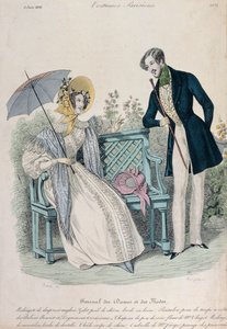 Nainen sateenvarjossa ja mies takissa puutarhassa, muotilevy Journal des Dames et des Modesista, 5. kesäkuuta 1836 tekijältä French School