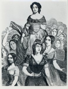 Naiset kantamassa Jeanne Deroinia (1805-94) Triumphissa, Les Femmes Celebres, osa I, Paris, Mazenod, 1848 tekijältä French School