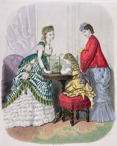 Naiset ja lapsi katselevat akvaariota, La Mode Illustrée, n. 1870 tekijältä French School