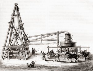 Työntekijät, jotka käyttivät karusellia ja vinssiä poraamaan arteesisia kaivoja Grenellessä, Ranskassa 1800-luvulla, julkaisusta "Les Merveilles de la Science", julkaistu n. 1870 (kaiverrus) tekijältä French School