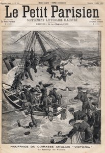 Englantilaisen panssarin "Victoria" hylky törmäyksen jälkeen Syyrian rannikolla ja uhrien pelastaminen. Yksi sanomalehdestä "Le petit Parisien" 9.7.1893 (kaiverrus) tekijältä French School