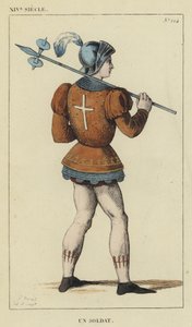 XIV vuosisata, sotilas (värillinen kaiverrus) tekijältä French School