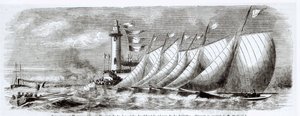 Huviveneet kiertämässä Jolietten majakkaa vuoden 1864 regatan aikana Marseillessa, Le Monde Illustresta, 17. syyskuuta 1864 tekijältä French School
