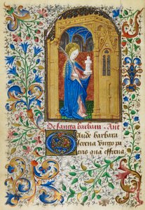 Yates Thompson 3, fol.289v Pienoiskuva St. Barbarasta kultaisen kaaren alla kantaen kämmentä ja torniaan, täydellä lehvistöreunalla, äänioikeuden alussa, julkaisusta "The Dunois Hours", n. 1440-luvulla. 1450 (vellum) tekijältä French School