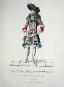 Maltan ritarikunnan nuori ritari vuonna 1678, kuva kokoelmasta "Uskonnollisten ja sotilaallisten ritarikunnan kaikkien pukujen kokoelma" tekijältä French School