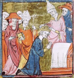 f.106r Paavi Leo III:n (n.750-816) keisari Kaarle Suuren (742-814) kruunaus St. Petersissä, Roomassa vuonna 800, Grandes Chroniques de France, 1375-79 tekijältä French School
