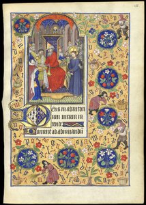 f.135r Miniatyyri, jossa Pilatus pesee kätensä Jeesuksen kohtalosta Marguerite d