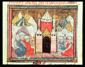 f.259r Chateau-Gaillardin piiritys vuonna 1204, kun Philip Augustus Ranskasta (1165-1223) voitti Englannin kuninkaan Johnin (Lackland) (1199-1216) Grandes Chroniques de Francesta, 1375-79 tekijältä French School