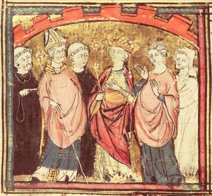 f.73r Dagobert I (605-39), Ranskan kuningaskunnan vastaanottavan frankkien kuningas Grandes Chroniques de Francesta, 1375-79 tekijältä French School