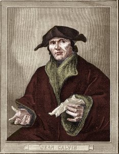 ranskalaisen uskonnonuudistajan ja kirjailijan Jean Calvinin (1509-1564) muotokuva. tekijältä French School