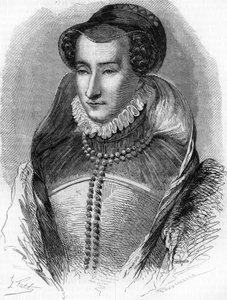muotokuva Joan III:sta Albretista (1528 1572), kuningas Henrik IV:n äidistä ja Antoine de Bourbonin (1528-1572) vaimosta. Teoksessa "" Histoire Populaire de la France"", sd. noin 1885. Kaiverrus. tekijältä French School