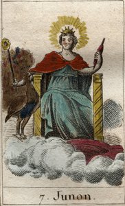 jumalallisen Junon, jumalien ja taivaan kuningattaren, esitys, hän on Jupiterin sisar ja vaimo (Junon, jumalien kuningattaren, Jupiterin vaimon ja sisaren esittely). Pierre Blanchardin "Nuoruuden mytologiasta" vuodelta 1803. tekijältä French School