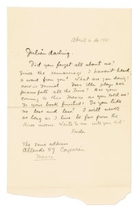 Allekirjoitettu omakätinen kirje ("Frida") Julien [Levylle], Coyoacán, 6. huhtikuuta 1941 (tussi ja muste paperilla). tekijältä Frida Kahlo