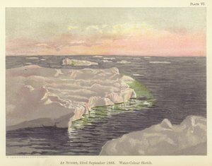 Auringonlaskun aikaan, 22. syyskuuta 1893, vesiväriluonnos (väri litho) tekijältä Fridtjof Nansen