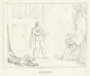 Hamlet, näytös III, kohtaus 4 (kaiverrus) tekijältä Friedrich August Moritz Retzsch
