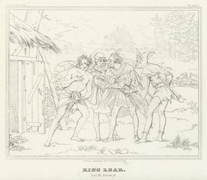 Kuningas Lear, näytös III, kohtaus 4 (kaiverrus) tekijältä Friedrich August Moritz Retzsch