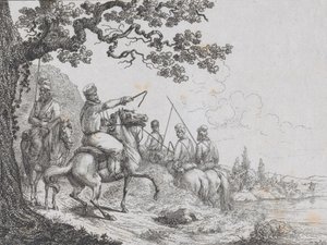 Kasakat ratsastamassa joen rantaa pitkin, 1814. tekijältä Friedrich August de La Belle