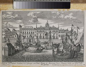 Genovan suunnitelma, jossa on kuninkaallinen silta, Mercanzian uusi silta ja Pyhän Yrjön palatsi mereltä katsottuna, n. 1750 (kaiverrus) tekijältä Friedrich Bernhard Werner