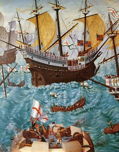 Henrik VIII:n 1491-1547 alukselle nousu Henry Grace a Dieu -aluksella vuonna 1520, kopioitu Vincent Volpin maalauksesta öljy kankaalle yksityiskohta 148771:stä