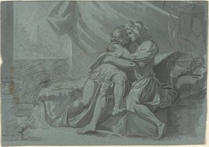 Syleilevät rakastavaiset klassisessa mekossa / Nainen klassisessa mekossa katselee ylöspäin tekijältä Friedrich Heinrich Füger after Raphael