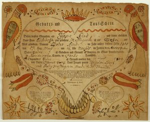 Syntymä- ja kastetodistus, n. 1790-1800 (oxgall-muste, akvarelli ja kaiverrus paperille) tekijältä Friedrich Krebs