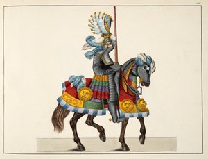 Ritari matkalla turnaukseen, lautanen tohtori Franz Kottenkampin kirjasta "A History of the Development and Customs of Chivalry", julkaisija Carl Hoffmann, 1842 tekijältä Friedrich Martin von Reibisch