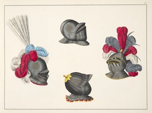Kypärät, kuva teoksesta "A History of the Development and Customs of Chivalry", kirjoittanut tohtori Franz Kottenkamp, julkaissut Carl Hoffmann, 1842. tekijältä Friedrich Martin von Reibisch