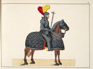 Panssariritari hevosensa selässä, levy julkaisusta "A History of the Development and Customs of Chivalry", kirjoittanut tohtori Franz Kottenkamp, julkaissut Carl Hoffmann, 1842