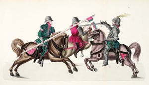 Kolme ritaria turnauksessa, lautanen tohtori Franz Kottenkampin kirjasta "A History of the Development and Customs of Chivalry", julkaisija Carl Hoffmann, 1842 tekijältä Friedrich Martin von Reibisch