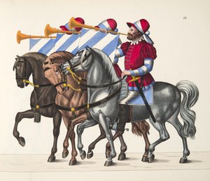 Kolme muusikkoa turnauksessa, levy julkaisusta A History of the Development and Customs of Chivalry, kirjoittanut tohtori Franz Kottenkamp, julkaissut Carl Hoffmann, 1842 tekijältä Friedrich Martin von Reibisch