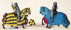 Kaksi ritaria turnauksessa, lautanen tohtori Franz Kottenkampin kirjasta "A History of the Development and Customs of Chivalry", julkaisija Carl Hoffmann, 1842 tekijältä Friedrich Martin von Reibisch